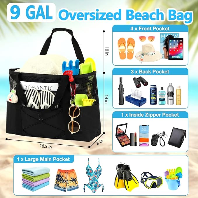 Fammart Mesh Beach Bag, Large Beach Tote with Zipper Pocket, Toys Pool Bag for Family Travel Vacation Cruise Essentials