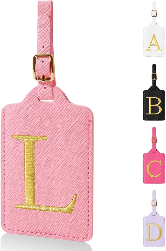 Personalized Initial Luggage Tags for Suitcases,Leather Letter Cute Luggage Tags with Privacy Name Card,Embroidered Monogrammed Travel Bag Backpack Tag Gifts for Women Kids Girls Teens(Pink-L)