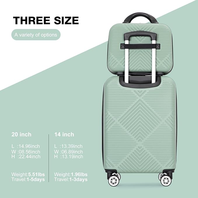 2 Piece Carry on Luggage Set, Airline Approved 20 Inch Luggage with Cosmetic Case HardShell Suitcase with Spinner Wheels, Lightweight Durable Hardside Suitcases Set, Olive Green