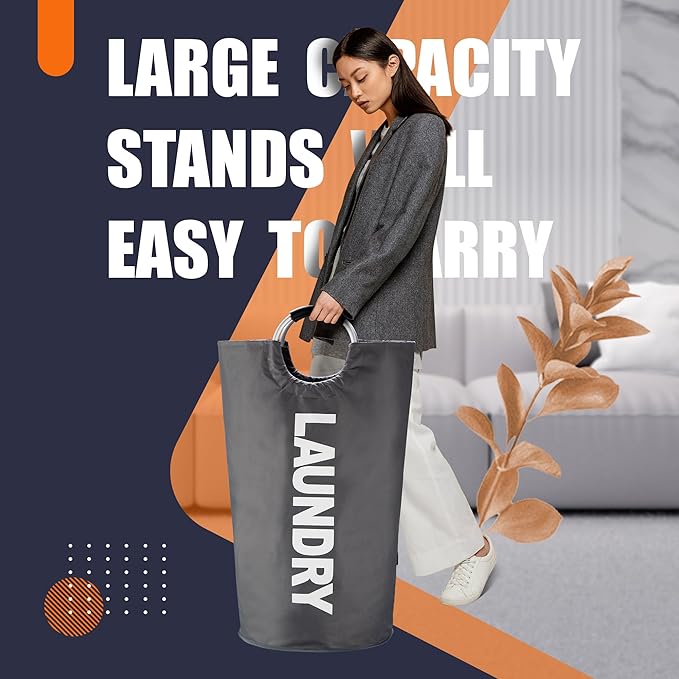 Caroeas 125L Laundry Basket,Large Laundry Hamper, Laundry Bag with Padded Handles, Clothes Hamper Stands Up Well, Collapsible Free Standing Easy Storage Washing Bin (Dark Grey,125L)