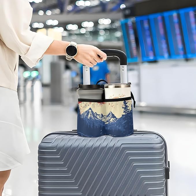 July 4th Flags Mountains Blue Luggage Cup Holder Travel Portable Free Hand Drink Carrier Suitcase Drinks Beverage Holder Carry-On Bottle Mug Holder Organizer Bag Travelers Accessories