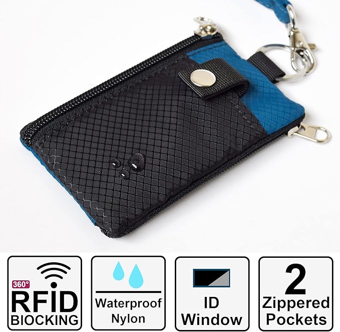 CHENSPRX Minimalist RFID Blocking Small Wallet with ID Window,WaterResistant Zip Id Case Wallet with Lanyard Keychain for Cards,Cash,Travel,Women,Men