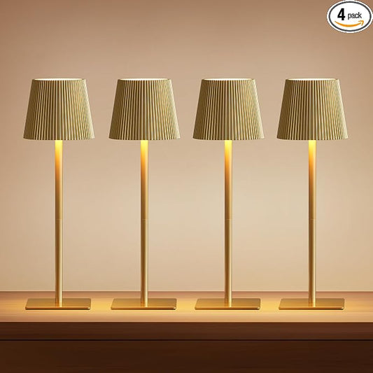 LUTEC 4 Pack Cordless Table Lamp,6000mAh Rechargeable Battery Operated Desk Lamp,Two Adjustable Heights,Waterproof, Touch Control & 3 Color Stepless Dimming for Restaurant/Bedroom/Bars/Outdoor (Gold)