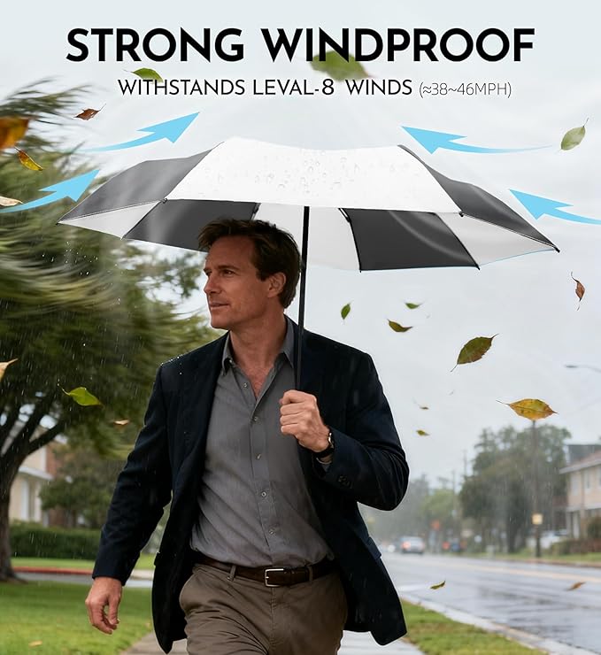 Windproof Travel Umbrella for Rain - 43" Auto Open Close 8-Rib Compact, Stylish Two-Tone Color Block Design, Easy-Close Folding Portable Parasol for Men & Women