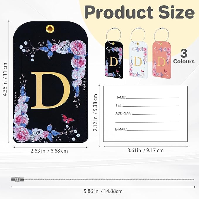 3 Pack Luxury Floral Luggage Tags, Durable PU Leather Suitcase Tags with Stainless Steel Cable Strap, Hidden ID Slot for Privacy Protection, Easy to Identify Waterproof Travel Accessories Gift (D)