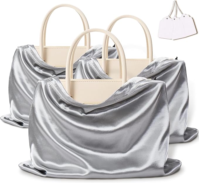 Vonty 3 Pack Silky Dust Bags for Shoes and Purses, Satin Drawstring Bag for HandBags Boots - Grey Shoe Bag Silk Dust Cover Bag Protector Travel Storage Pouch(23.6 x 19.6 In)