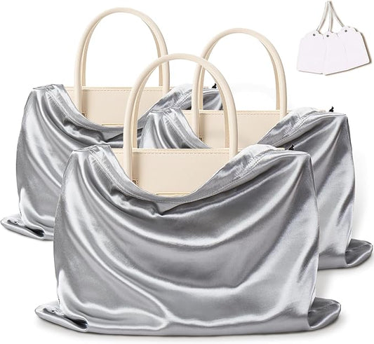 Vonty 3 Pack Silky Dust Bags for Shoes and Purses, Satin Drawstring Bag for HandBags Boots - Grey Shoe Bag Silk Dust Cover Bag Protector Travel Storage Pouch(23.6 x 19.6 In)