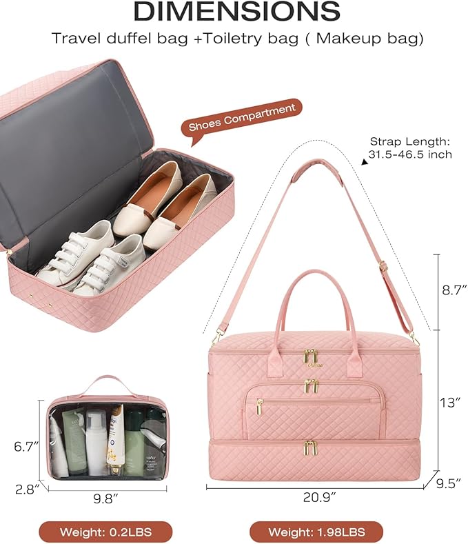 Travel Duffle Bag, Wide Open Large Weekender Bag for Women with Shoe Compartment, Carry on Overnight Bags with Toiletry Bag, Hospital Bag for Women Labor Delivery with Wet Pocket (Pink)