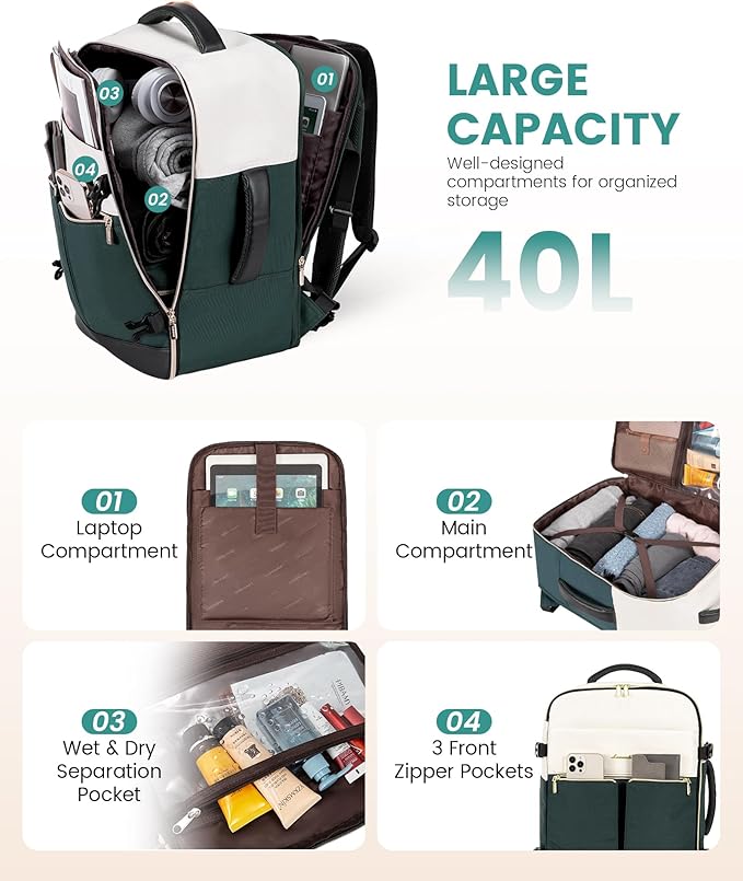 LOVEVOOK Travel Backpack, Carry On Backpack for Women, 40L Flight Approved Personal Item Backpack, Large Water Resistant Luggage Daypack with 3 Packing Cubes, fits 17inch Laptop, Beige-green-black