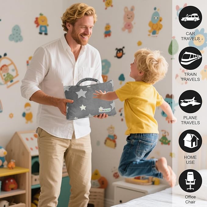 3-in-1 Kids Travel Pillow and Blanket Set - 40x60 Inches Soft Grey Star Design | Travel Blanket Airplane Compact with Bag | Ideal for Travel, Camping, Car Rides & Home Decor