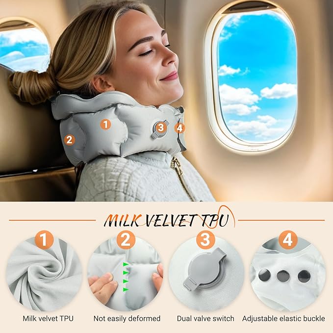 Inflatable Travel Pillow for Airplane, Inflatable Neck Pillow Airplane for Travel Office Nap Neck Support, Buy 1 Get 3 Professional Grey Sleeping Eye Mask and Highly Silent