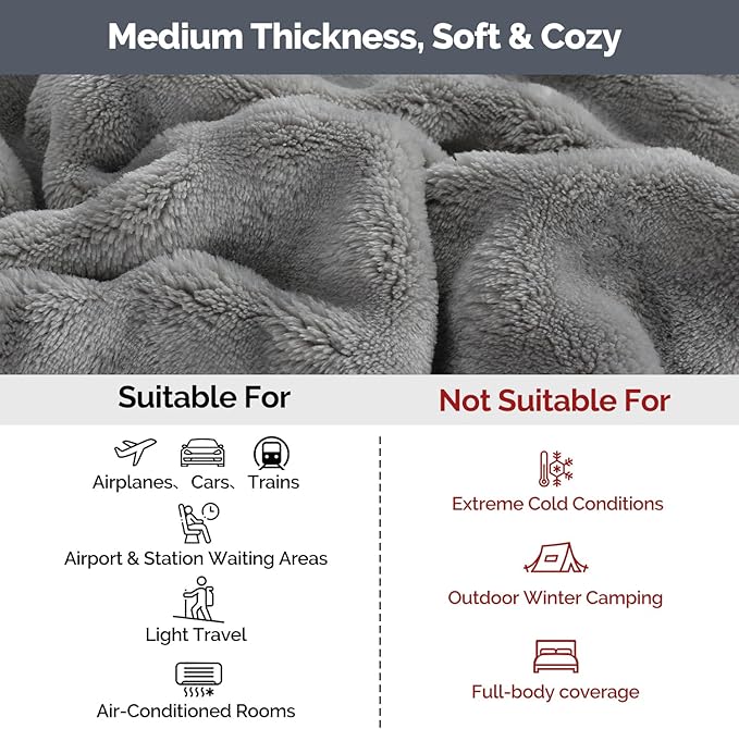 Gray Travel Blanket for Airplane, Soft Lightweight Flannel Blanket, Compact & Portable with Storage Bag, Luggage Strap & Clip, Cozy Travel Essential for Flights, Road Trips & More,40.7''×64.1‘’