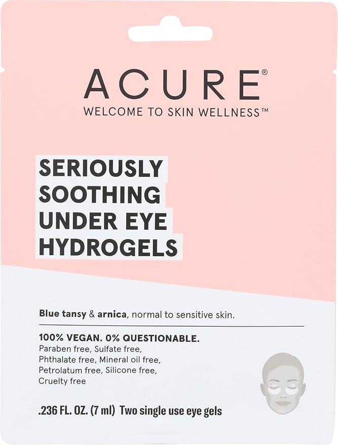 Acure Seriously Soothing Under Eye Hydrogels, 100% Vegan, For Dry to Sensitive Skin, Blue Tansy & Arnica - Soothes & Minimizes Dark Circles, Two Single Use, 0.24 Fl Oz