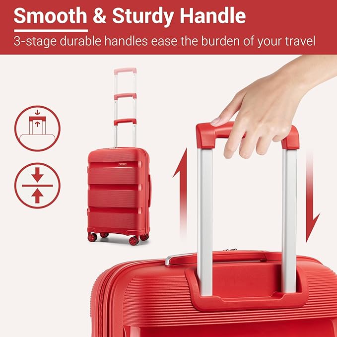 Kono Carry On Luggage 24 Inch Checked-Medium Hard Shell Travel Trolley 4 Spinner Wheels Lightweight Polypropylene Suitcase with TSA Lock, Red
