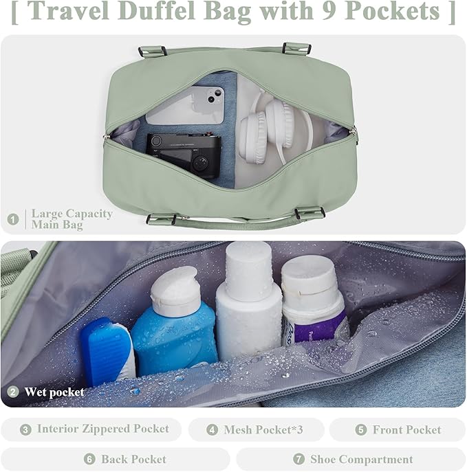 Travel Duffel Bag with Shoes Compartment, Carry on Overnight Weekender Bags for Women, For Spirit Airlines 18x14x8 Personal Item Bag