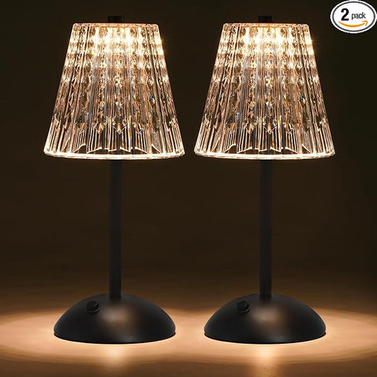 Nusogon 2 Pack Cordless Touch Table Lamp, Rechargeable Small Dask Lamp | 3 Colors Dimmable Black Battery Operated Crysta Lamp for Bedroom Restaurant Kitchen Home Decor