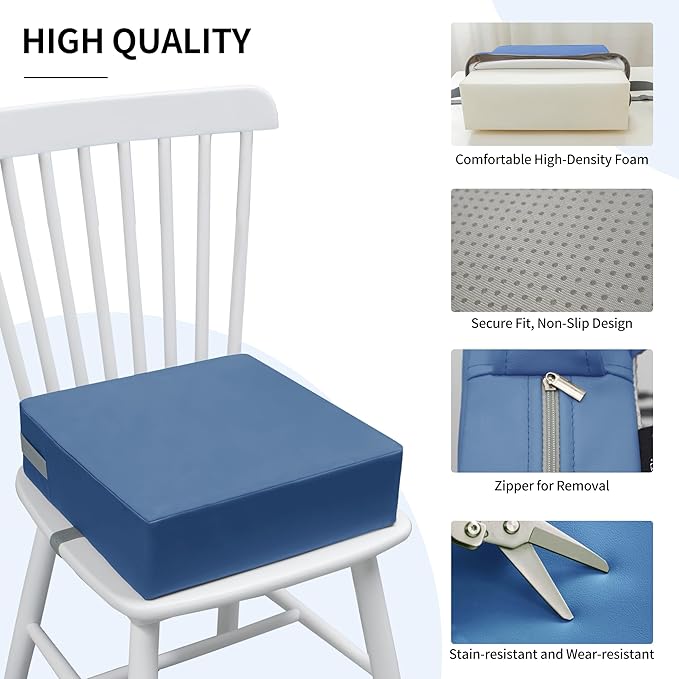 Toddler Booster Seat Dining Table Kitchen Chair, Waterproof Anti-Scratch PU Cushion, Non-Slip Bottom, Adjustable Buckle Straps, Easy Clean Portable Seat Cushion (Blue)