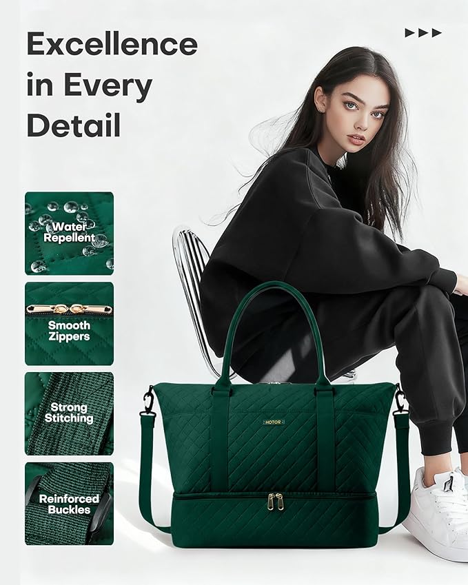 HOTOR Travel Duffel Bag - Weekender Bags for Women, Gym Tote Bags with Shoe Compartment, Carry On Overnight Bag with Toiletry Bag for Travel Essentials Travel Accessories, Dark Green, 15.8"×18.1"×8.7"