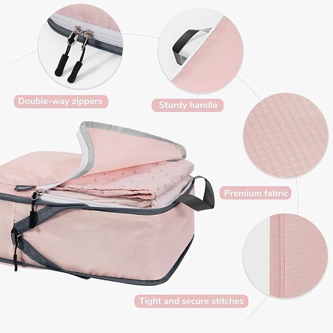 CherryNow Compression Packing Cubes, 7 Set Packing Cubes for Travel Women, Travel Essentials for Suitcase, Luggage Organizer Bags, Pink