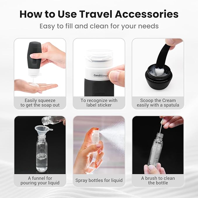 17 Pack Travel Bottles - TSA Approved Travel Size Toiletries, Leak Proof Containers for Toiletries, Silicone Squeezable Container for Shampoo, Body Wash, Lotion & Conditioner - Black