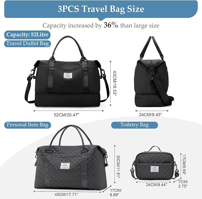 Weekender Bags for Women,Extra Larg Travel Duffle Overnight Bag with Shoe Compartment,Personal Item Carry On Bag,Black,3 Pcs Set