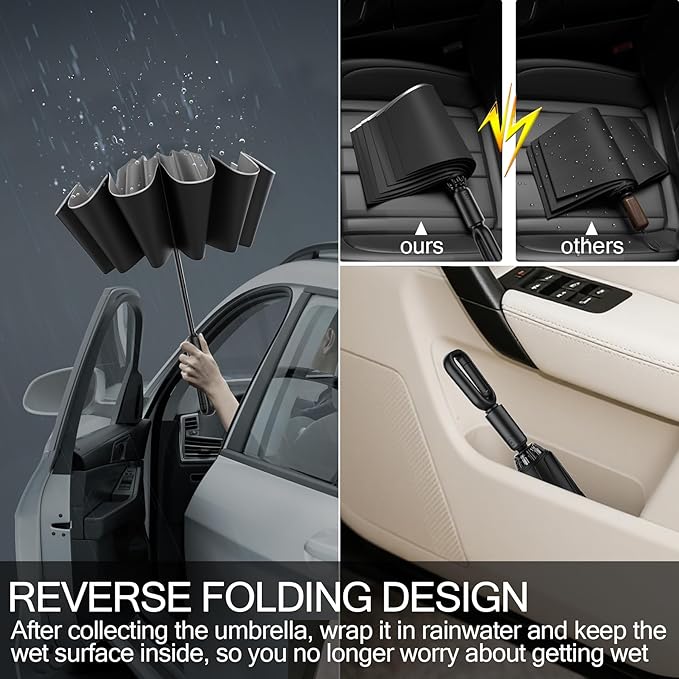 Windproof Compact Travel Umbrella,Large Strong but Light Portable and Automatic Folding Rain Umbrella, small inverted for travel size