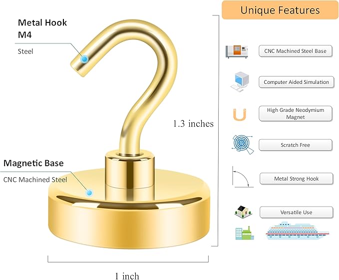 Neosmuk Magnetic Hooks,Heavy Duty Earth Magnets with Hook for Refrigerator, Extra Strong Cruise Hook for Hanging, Magnetic Hanger for Curtain, Grill(Gold, 6 Pack)