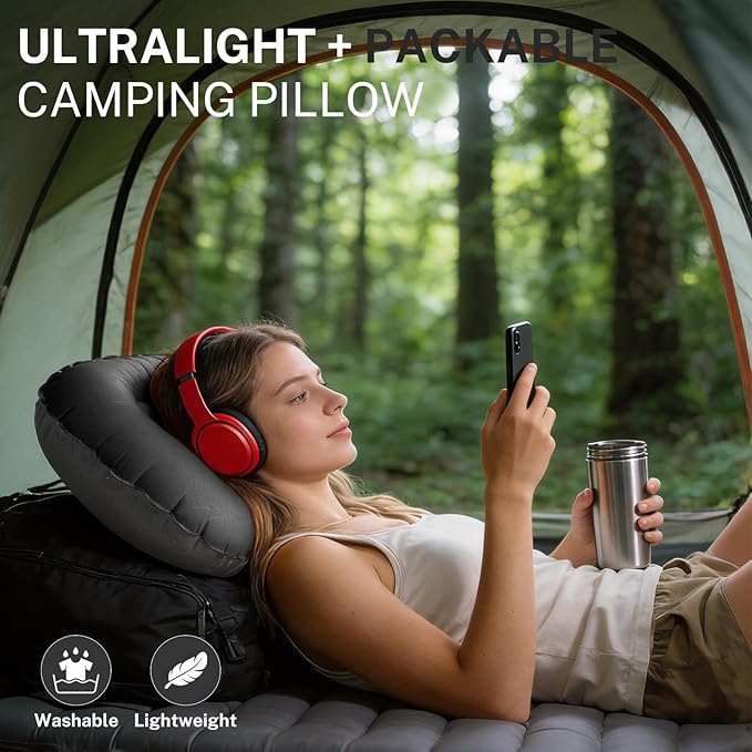 Camping Pillow-Compressible, Ultralight Inflatable,Compact, Comfortable, Ergonomic Inflating Pillows for Neck & Lumbar Support While Camp, Hiking(Black,with Anti Slip Straps)