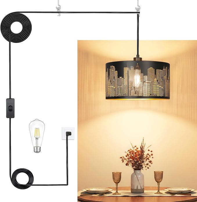 Qingmiao Boho Plug in Pendant Light, Black Shade, 3 Way Bulb, 14ft Cord | Hanging Lamp Plug in, 3-Way Dimmable Hanging Light Fixture for Living Room Bedroom Kitchen Ceiling Home Decor