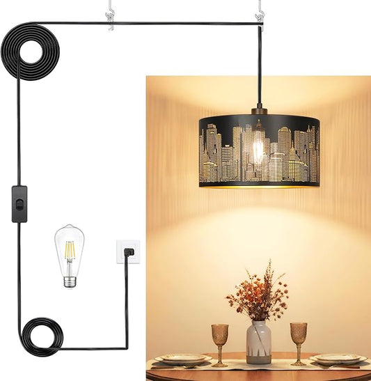 Qingmiao Boho Plug in Pendant Light, Black Shade, 3 Way Bulb, 14ft Cord | Hanging Lamp Plug in, 3-Way Dimmable Hanging Light Fixture for Living Room Bedroom Kitchen Ceiling Home Decor