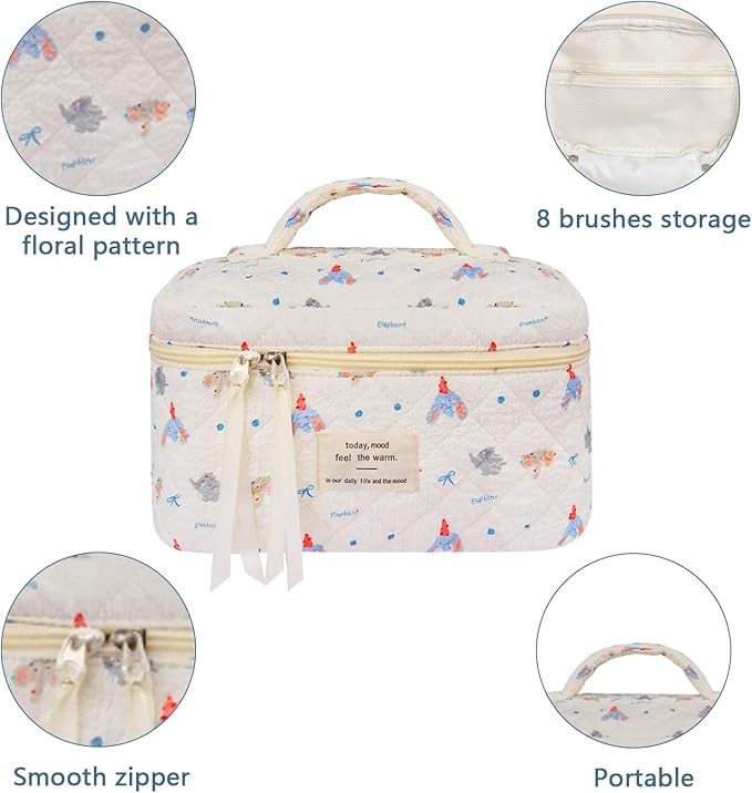 Large Makeup Bag, Cute Cosmetic Bag for Women Girls, Floral Coquette Aesthetic Toiletry Bag, Travel Make Up Organizer Bag (Small Elephant)