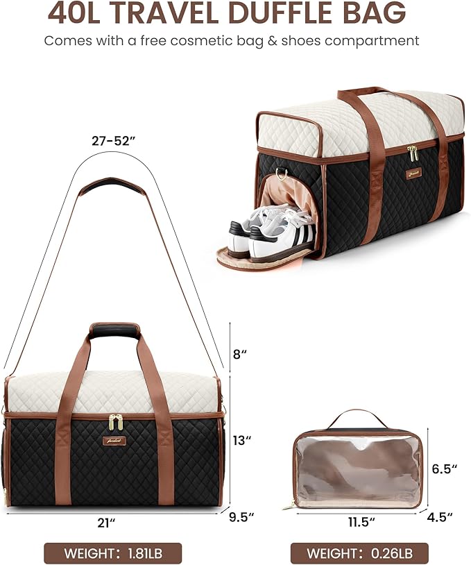 Weekender Travel Duffle Bag for Women: Overnight Bags with Shoe Compartment Carry on Bags for Airplanes with Toiletry Bag Weekend Yoga Gym Bag with Wet Pocket Black White Brown