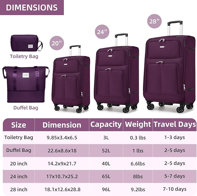 LARVENDER Softside Luggage Sets 5 Piece Expandable Suitcases Set with Spinner Wheels TSA Lock, Lightweight Soft Shell Rolling Travel Luggage Set for Men and Women, Purple