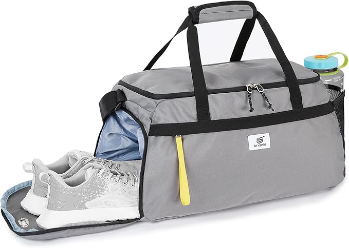 SKYSPER Gym Bag for Men & Women with Shoe Compartment, Carry-on Gym Duffle Bag for Travel and Sports, Workout Overnight Bag with Large Wet Pocket, Gray