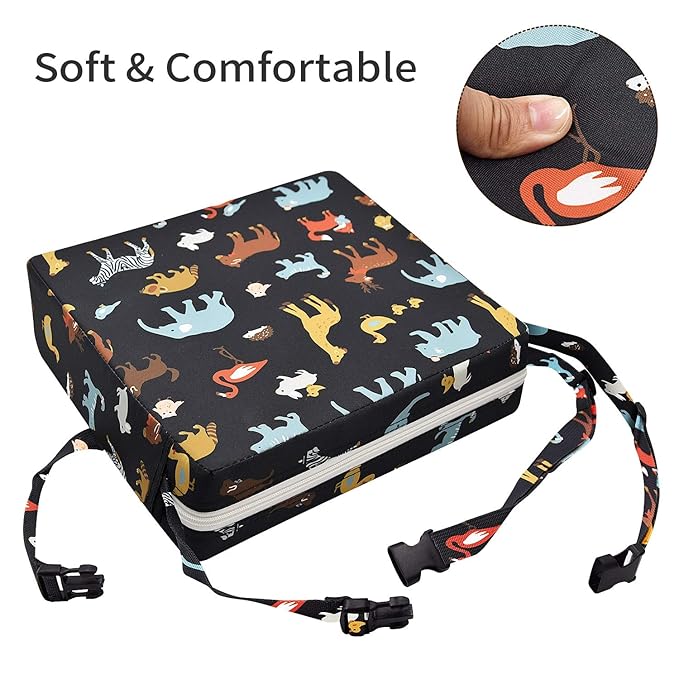 Toddler Booster Seat Dining, Cartoon Canvas Washable 2 Straps Safety Buckle Kids Booster Seat for Dining Table, Portable Travel Increasing Cushion (Elephant-Black)