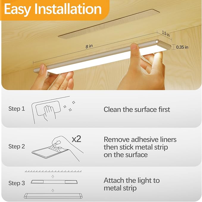 Motion Sensor Under Cabinet Lights, 3-Pack, Warm White, 8 inch | Magnetic, Rechargeable Under Counter Closet Light, Wireless Night Light Bar, 10% to 100% Dimming, USB Cable Included