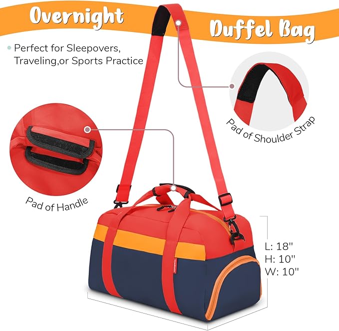 WOOMADA Kids Duffle Bag for Boys or Girls, Kids Overnight Bag with Shoe Compartment＆Wet Pocket, Ideal for School Practice, Sports, Travel(red&dark blue)