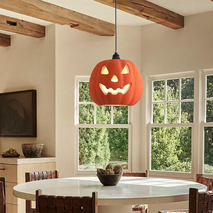 JAYMP Halloween Light Up Pumpkin Pendant Light, Jack O Lantern, Living Dining Room Hanging Lamp E26 Base Lighting Fixture (Orange, 12.6in Small Size)