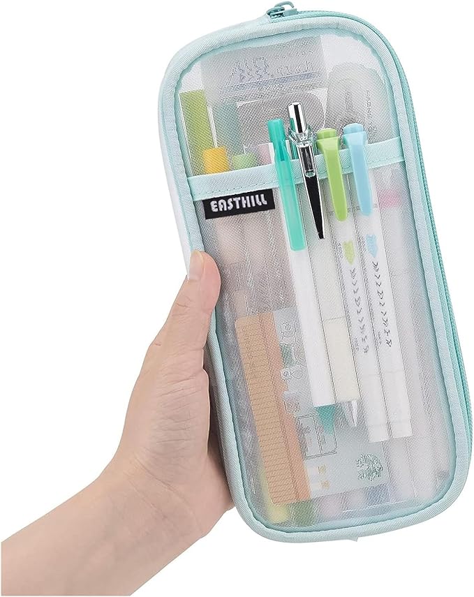 EASTHILL Grid Mesh Pen Pencil Case with Zipper Clear Makeup Color Pouch Cosmetics Bag Multi-Purpose Travel School Teen Girls and Boys Transparent Stationary Bag Office Organizer Box for Adluts(Green)