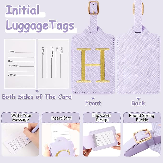 Initial Luggage Tags for Suitcases, Cute Embroidered Letter Luggage Bag Suitcase Identifier Name Baggage Tag, PU Leather Travel Luggage Tags, Bag Tags for Men Women Kids Luggage Handbags(Purple H)