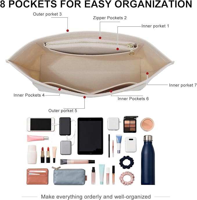 Doxo Felt Purse Organizer Insert for Longchamp Le Pliage M Totes, Longchamp Orgainzer Insert Meduim with 7 Compartments & YKK Zipper | Fits Long Champ Meidum Top Handle Tote Bag (SM, Beige)