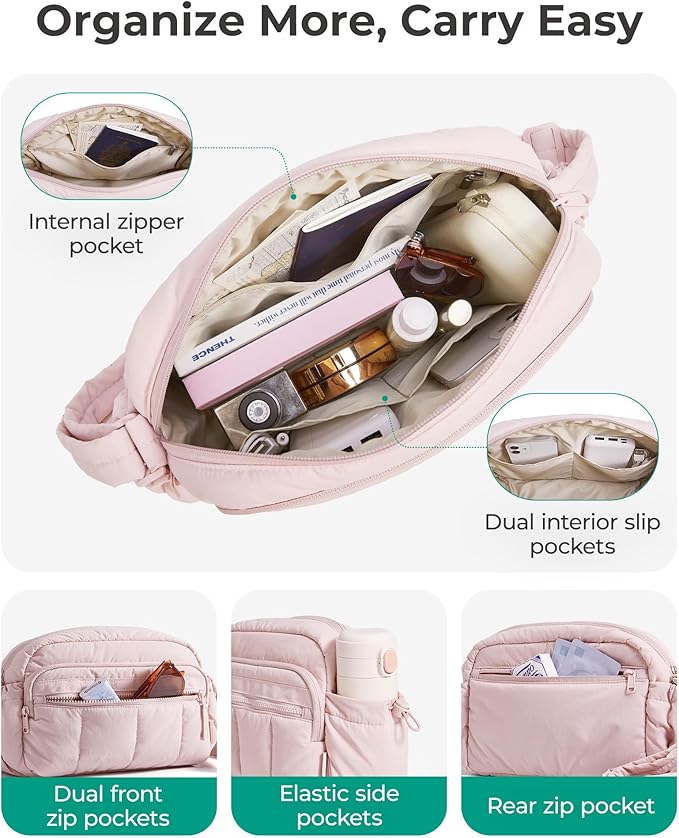 BAGSMART Anti Theft Crossbody Bags for Women Travel Purse, Medium Quilted Puffy cross body bag, Handbags Shoulder Purses, Baby Pink-medium