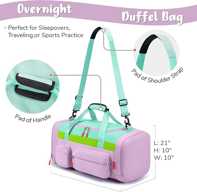WOOMADA Kids Duffle Bag for Boys or Girls,Weekender Overnight Bag with Shoe Compartment & Wet Pocket Perfect For School, Sports, Overnight Trips(Purple)
