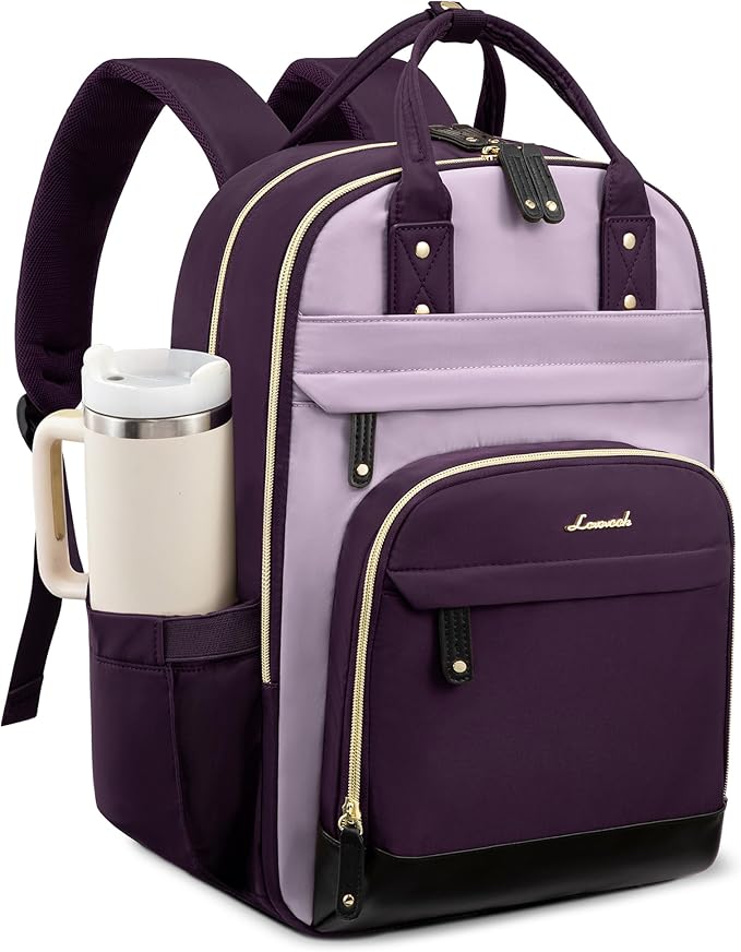 LOVEVOOK Laptop Backpack for Women with Giant Tumbler Holder Pocket,17 inch School College Book Bag Nurse Teacher Backpack,Work Travel Backpack Purse Laptop Computer Bag, Dark purple-Purple-Rust red