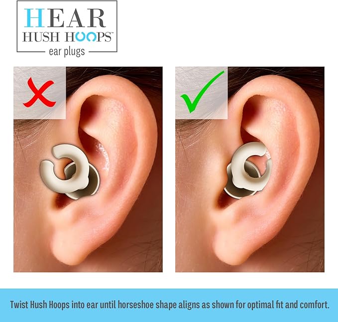 Hush Hoops Ear Plugs, Ultra-Soft Reusable Noise Reducing Earplugs with Horseshoe Shape for Comfort, 4 Tip Sizes for Customizable Fit, 17dB (NRR) Noise Reduction Rating, Cream, 1 Pair with Travel Case