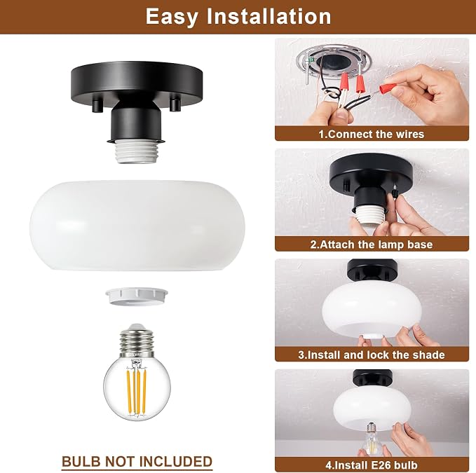 WOKNOS Mid-Century Modern Black Semi Flush Ceiling Light 8.66 Inch | Mini White Glass Shade Close to Ceiling Lighting Fixture For Kitchen Entryway Hallway Bathroom Closet Bedroom Laundry Room