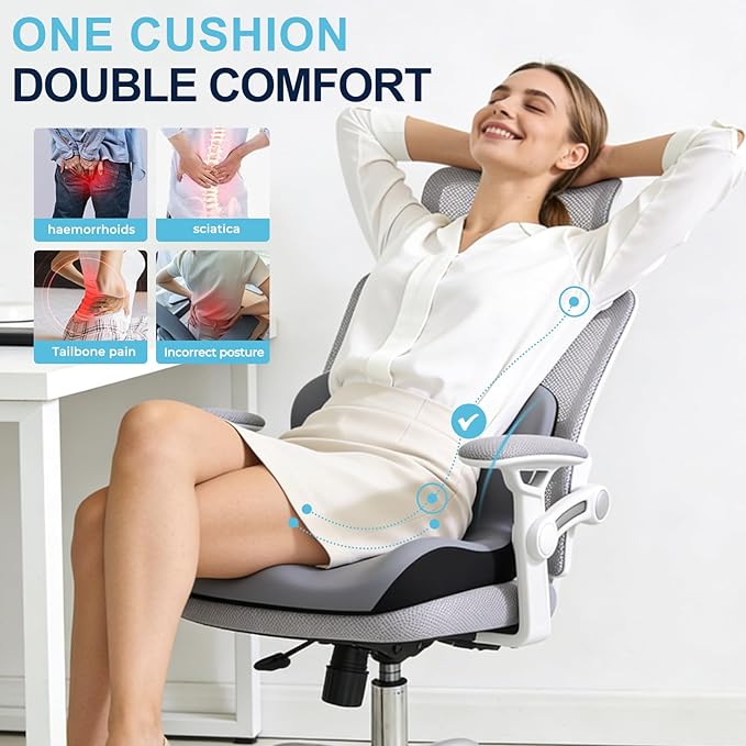 Seat Cushion for Office Chair and Car, L-Shaped Ergonomic Car Seat Cushions, Memory Foam Chair Cushion, Lumbar Support Pillow for Wheelchair, Car, Home, Office, Desk, Gray