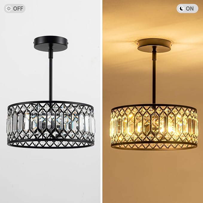 Rpzloila 3-Light Crystal Ceiling Light, Modern Semi Flush Mount Light Fixture, Black Crystal Chandelier for Kitchen Bedroom Bathroom Entryway Hallway