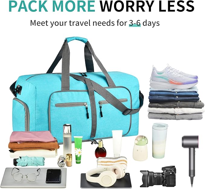 Dimayar 65L Travel Duffle Bag for Men Women - Foldable Duffel Bag with Shoes Compartment - Overnight Bags Waterproof & Tear Resistant(Mint Green)