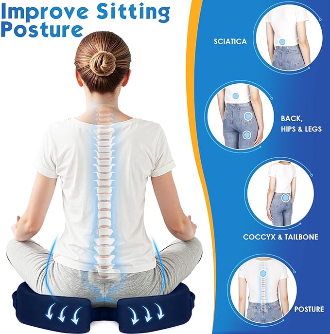 TushGuard Seat Cushion for Office Chair Memory Foam Non-Slip Cushion Back, Coccyx, Sciatica, Tailbone Pain Relief Butt Pillow for Office Chair, Car, Wheelchair, Blue, X-Large